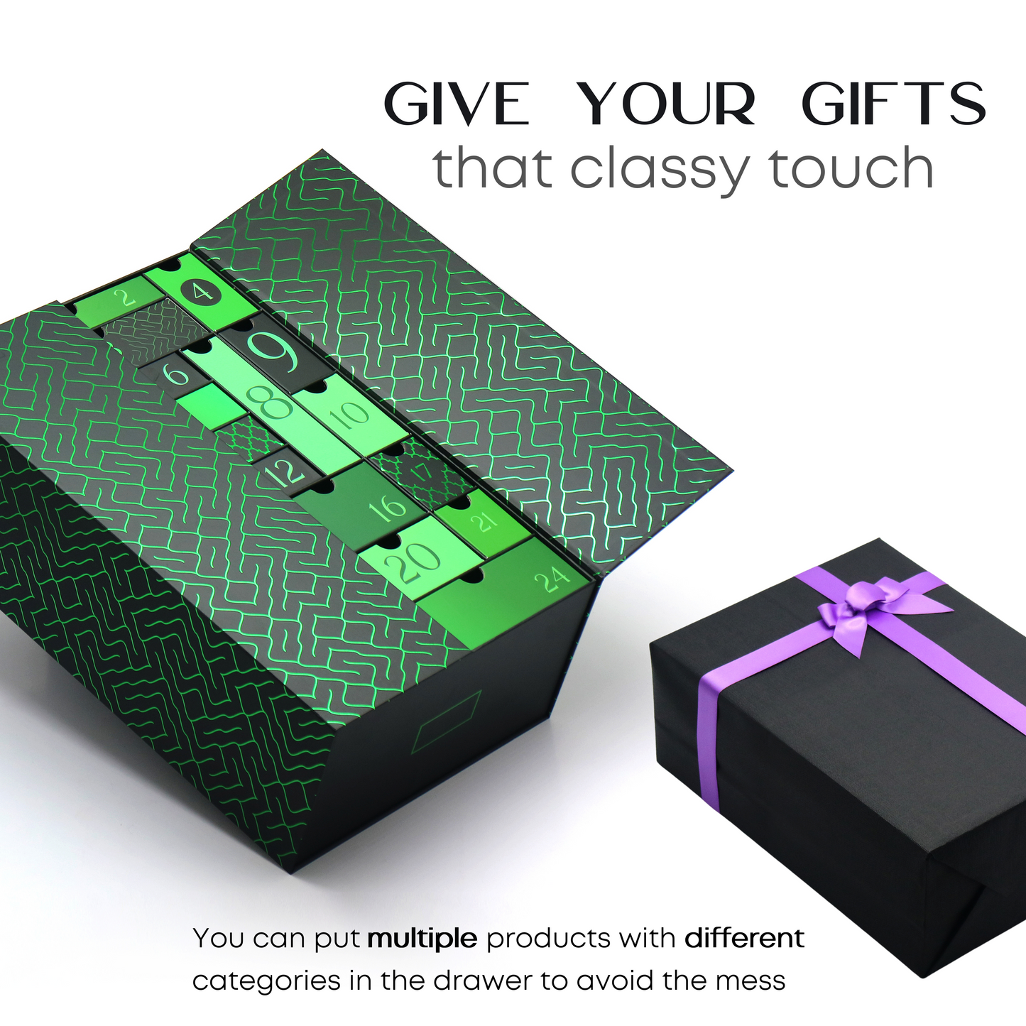 AVUX 24-Drawer Green Gift Box – Rigid Cardboard with Laser Print, Perfect for Birthdays, Weddings & Christmas