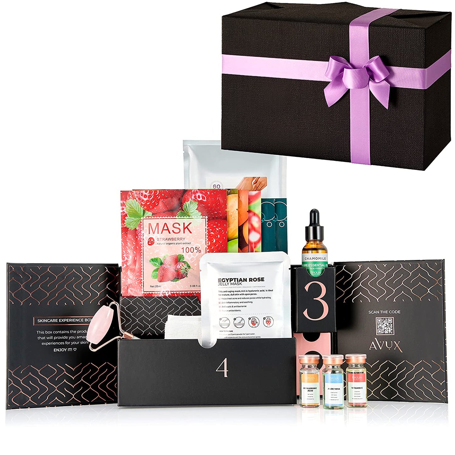 AVUX Mini Beauty Basket 14 pcs – Bath and Body Set including Jelly Mask, Massage Oil, Hair Band, Feet Mask, Serums, Jade Roller and more – Spa Set Bundle on birthday and wedding for girls and women