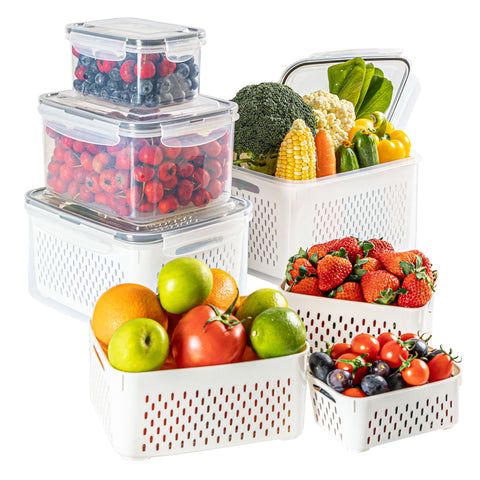 AVUX Food Storage Bins with Colander Airtight and Leak Proof Plastic Storage Saver Container Set for Fridge Organizer to Store Salad, Vegetables, Meat, Fruits and Frozen Food