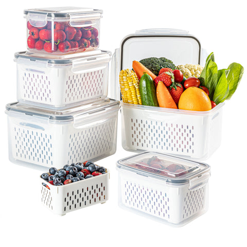 AVUX Food Storage Bins with Colander Airtight and Leak Proof Plastic Storage Saver Container Set for Fridge Organizer to Store Salad, Vegetables, Meat, Fruits and Frozen Food