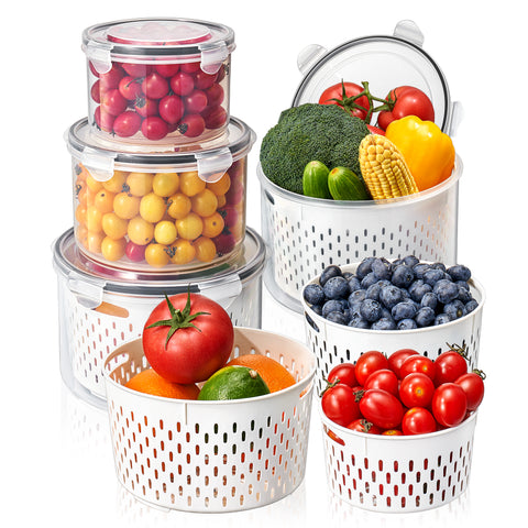 AVUX Food Storage Bins with Colander – Airtight Plastic Containers for Fridge Organization