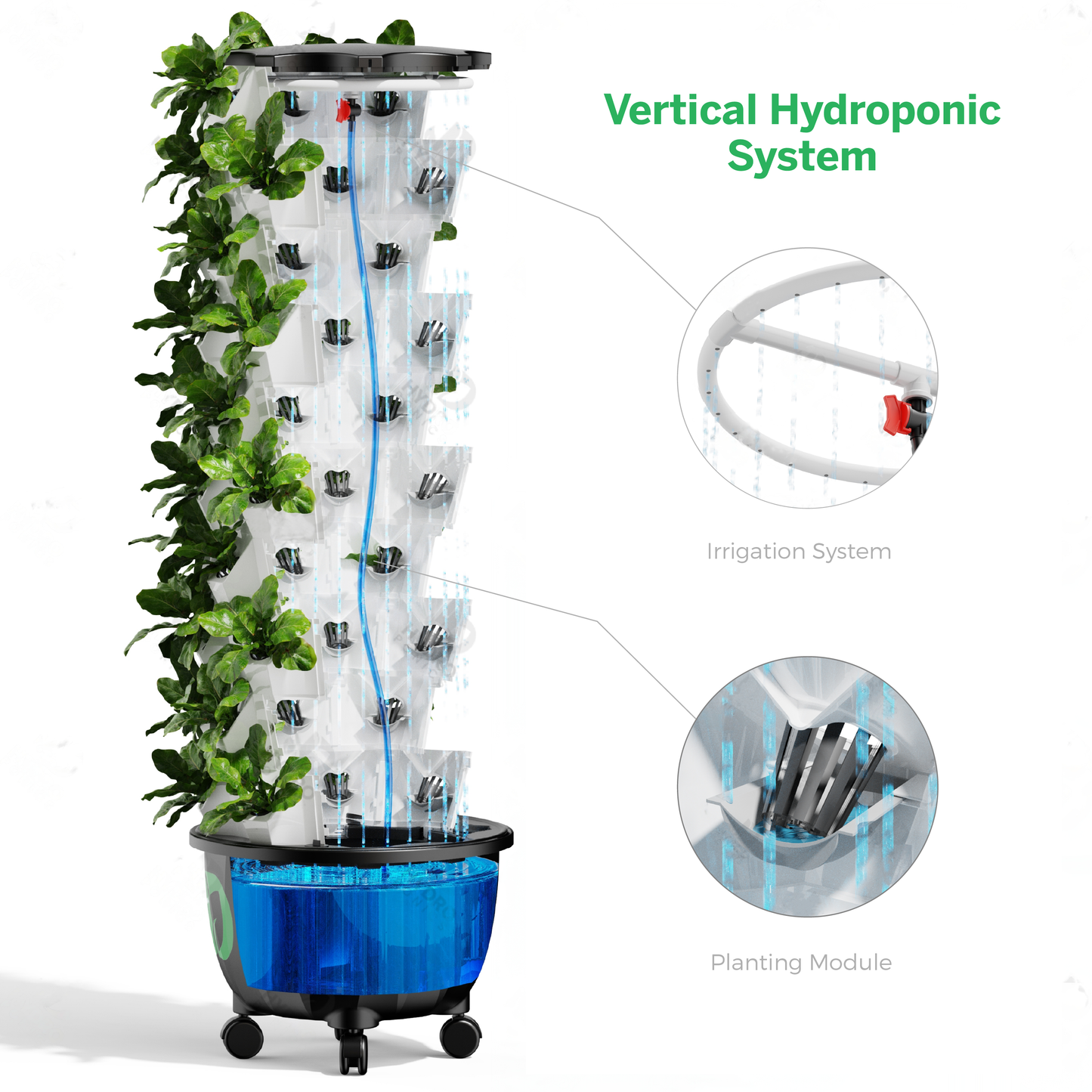 Hydroponic Growing Tower – A 10 Layers (80 Pots) Vertical Growing Freestanding Aeroponic Garden with Wheels and Sponges to Germinate Seeds and Planting Herbs and Vegetables