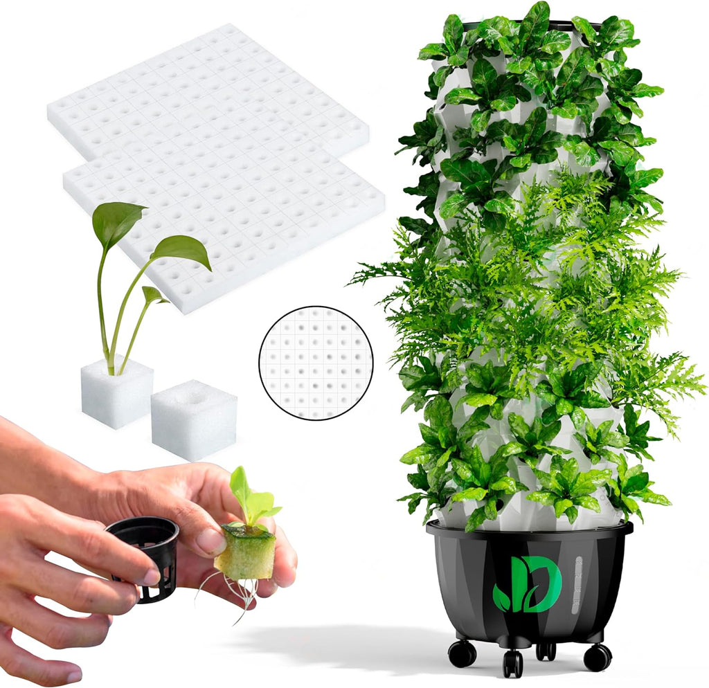 Hydroponic Growing Tower – A 10 Layers (80 Pots) Vertical Growing Freestanding Aeroponic Garden with Wheels and Sponges to Germinate Seeds and Planting Herbs and Vegetables